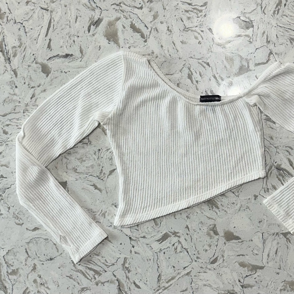 PrettyLittleThing Ivory Ribbed Knit Crop Top. Size 6. Asymmetric Long Sleeve.